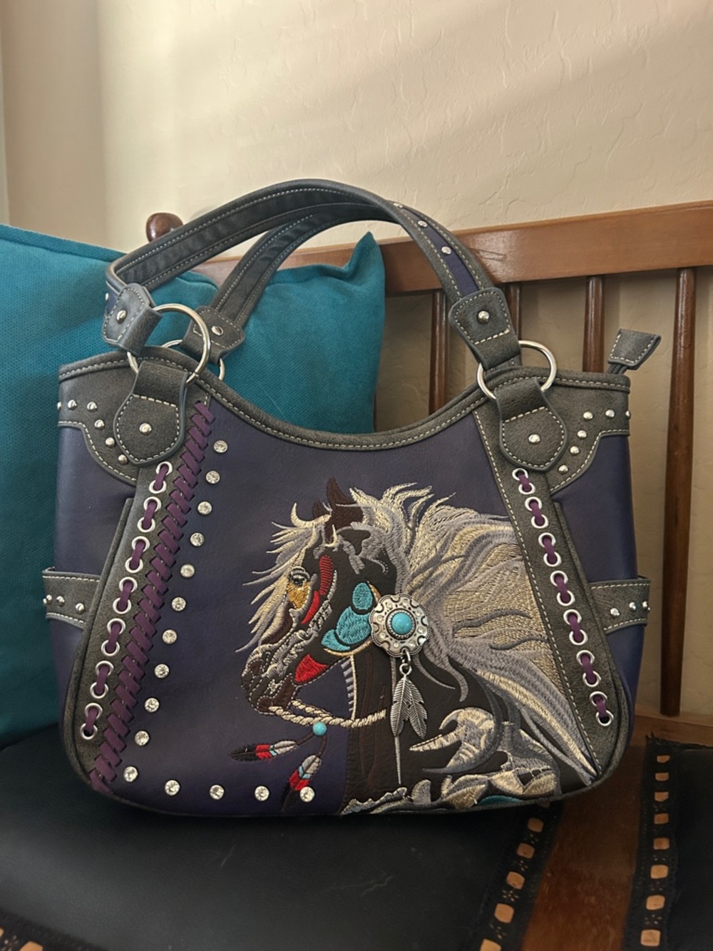 Purple Embroidered Horse Shoulder Bag with Stud & Concho Accent